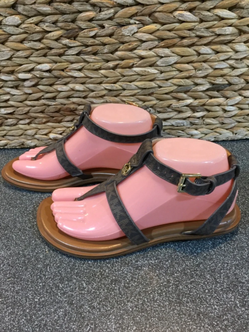 MICHAEL Michael Kors Brown Monogram T-Strap Brown Sandals